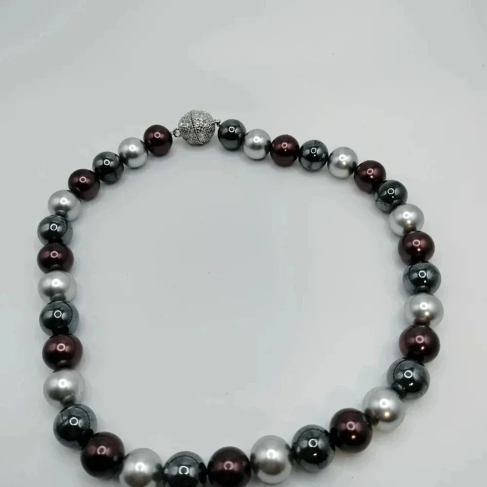 Black & Silver Faux Pearl Magnetic Rhinestone Clasp Choker Style Necklace 16